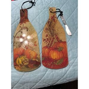 Glass‎ Fall Decorated Cheeseboard with Cheese Knife; Set of 2. Only 1 knife